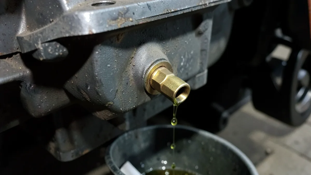 Brass engine block coolant drain petcock valve dripping old coolant into a drain pan