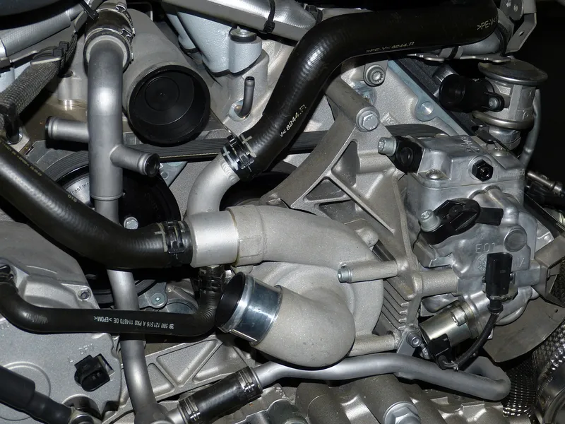 Close-up of engine hoses, pipe connections and a pump housing on a car engine