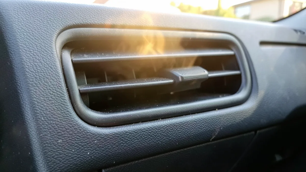 Close-up of a car dashboard air vent with warm air shimmering out of it