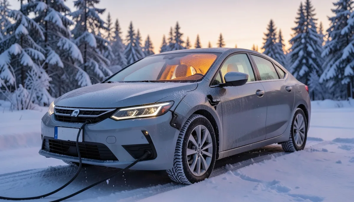 Electric car charging in the snow at dusk with warm cabin light glowing through the windows
