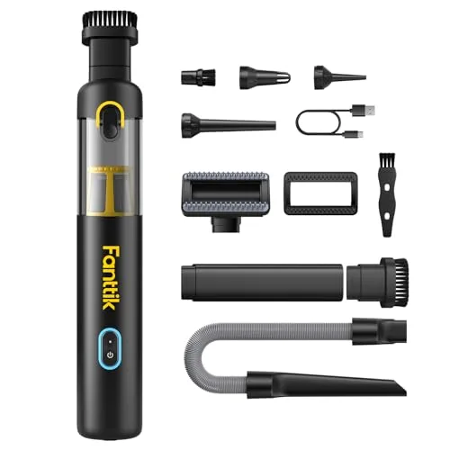 Fanttik Slim V8 Apex cordless car vacuum with attachments and charging cable laid out