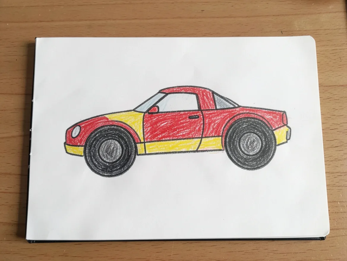Finished colored pencil drawing of a simple cartoon-style racing car in a sketchbook