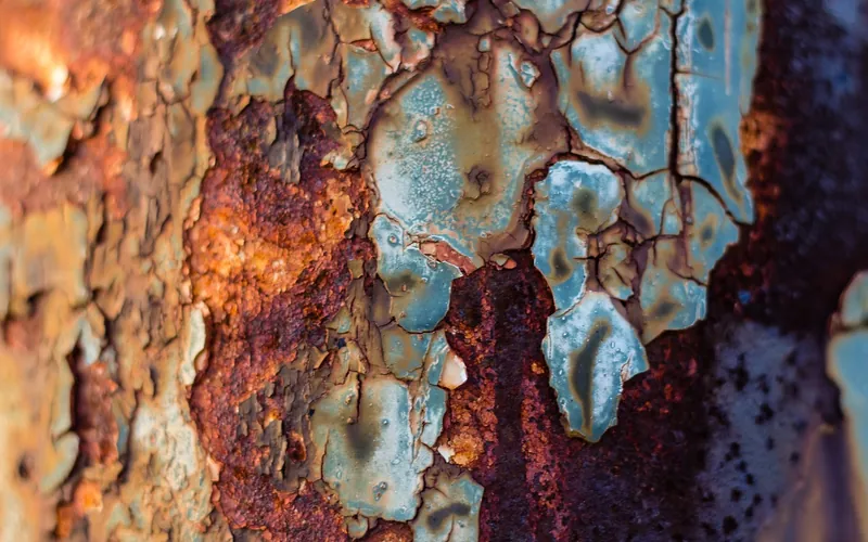 Close-up of cracked, flaking paint over rusted metal