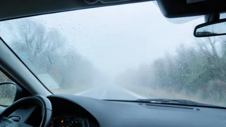 Heavily fogged car windshield viewed from the driver seat with condensation covering the glass