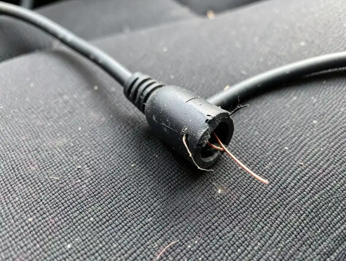 Close-up of a worn auxiliary cable connector with a cracked rubber jacket and exposed copper wire strands