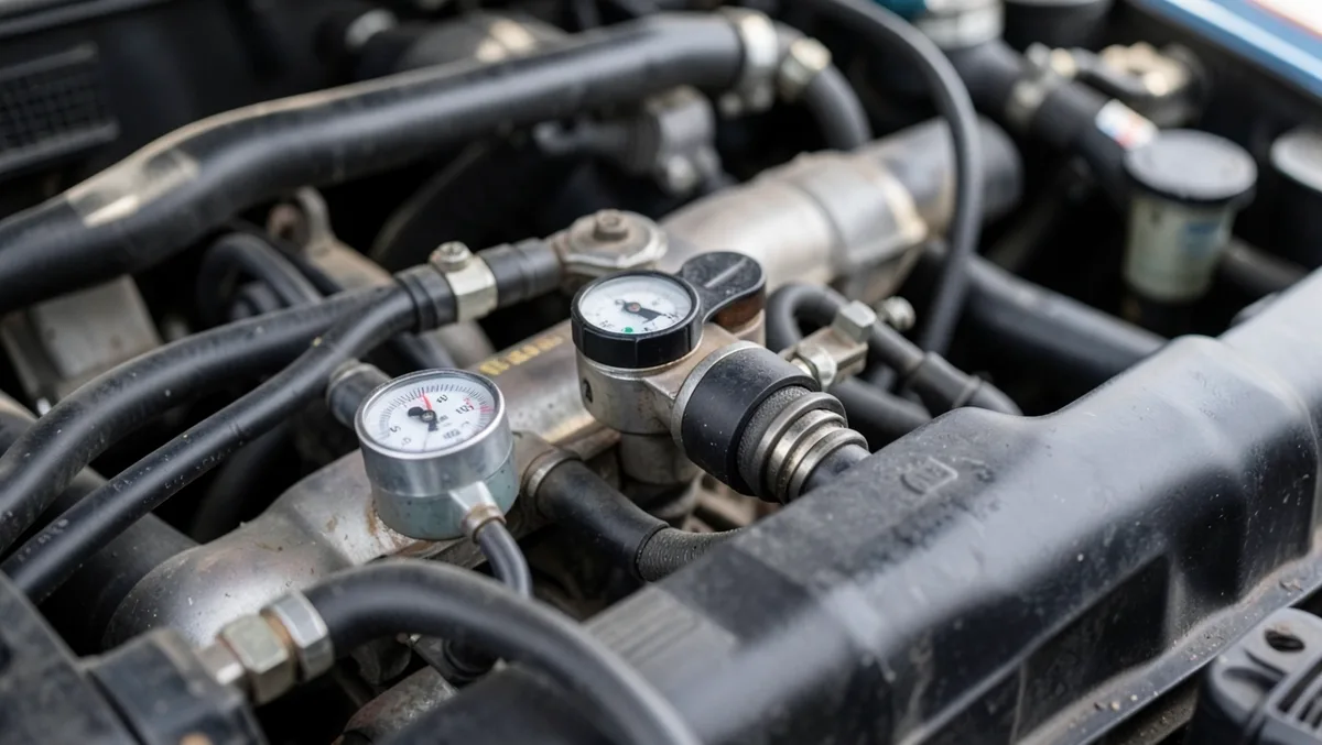 Fuel pressure gauge clipped onto a car fuel rail to test the fuel pressure regulator