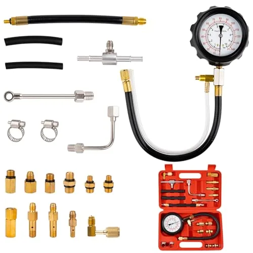 0-140 PSI fuel pressure tester kit with gauge, hoses, and adapters