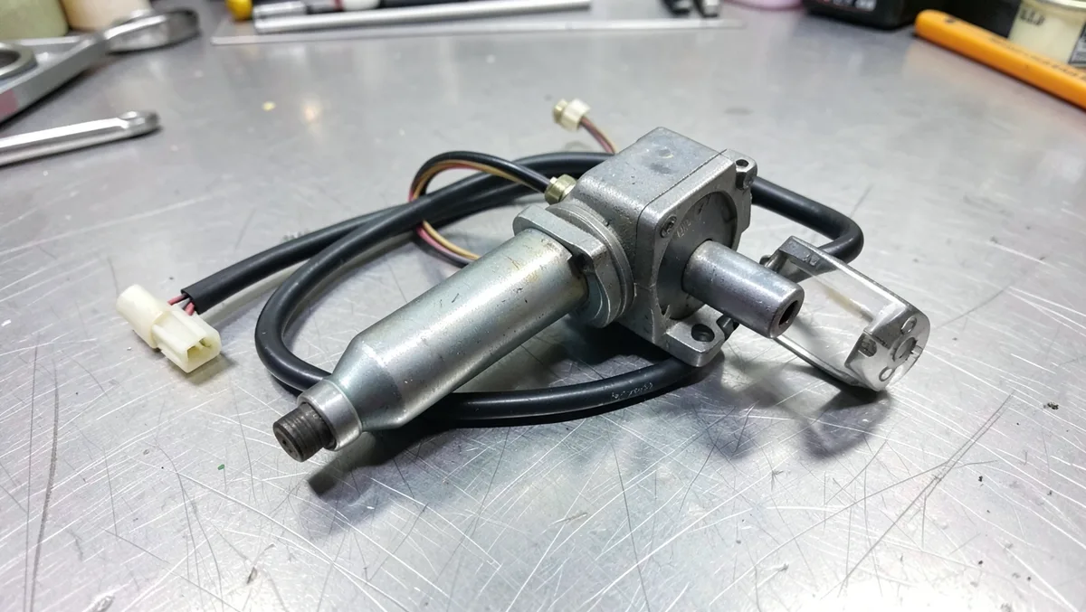 Electric fuel pump assembly with fuel lines and wiring connector on a workbench