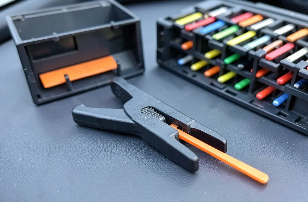 Fuse puller pliers gripping an orange automotive blade fuse next to an open car fuse box with rows of colorful fuses