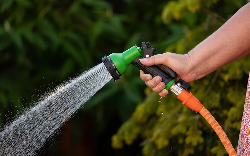 Garden hose spraying a steady stream of water, the method used to trace a car water leak
