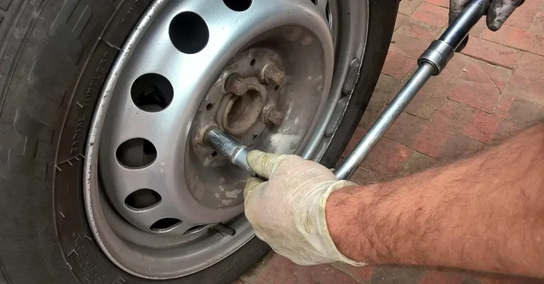 Gloved hand holding a lug wrench on a lug nut of a steel car wheel