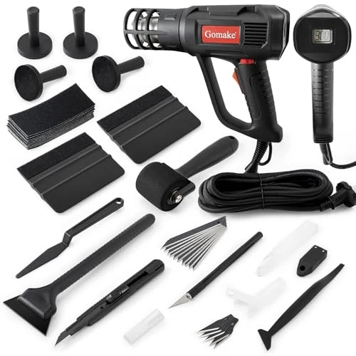Gomake vinyl wrap tool kit with heat gun, felt squeegees, film cutter, and magnetic holders