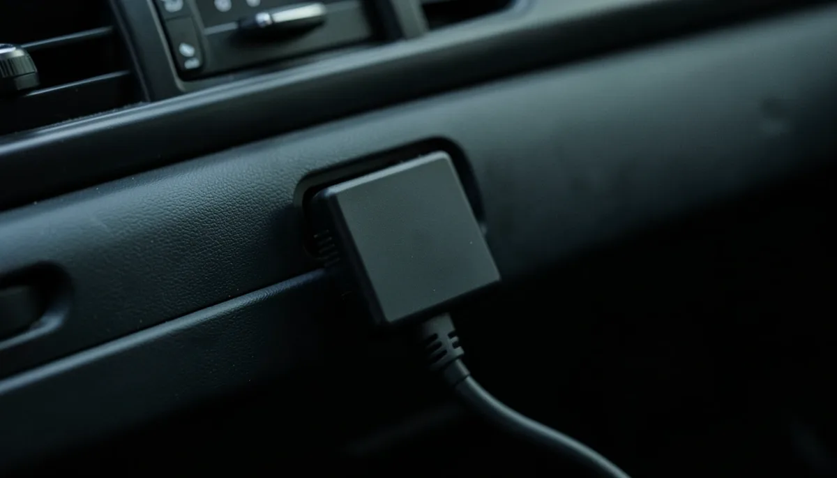 Small black GPS tracker device plugged into a car OBD-II port under the dashboard