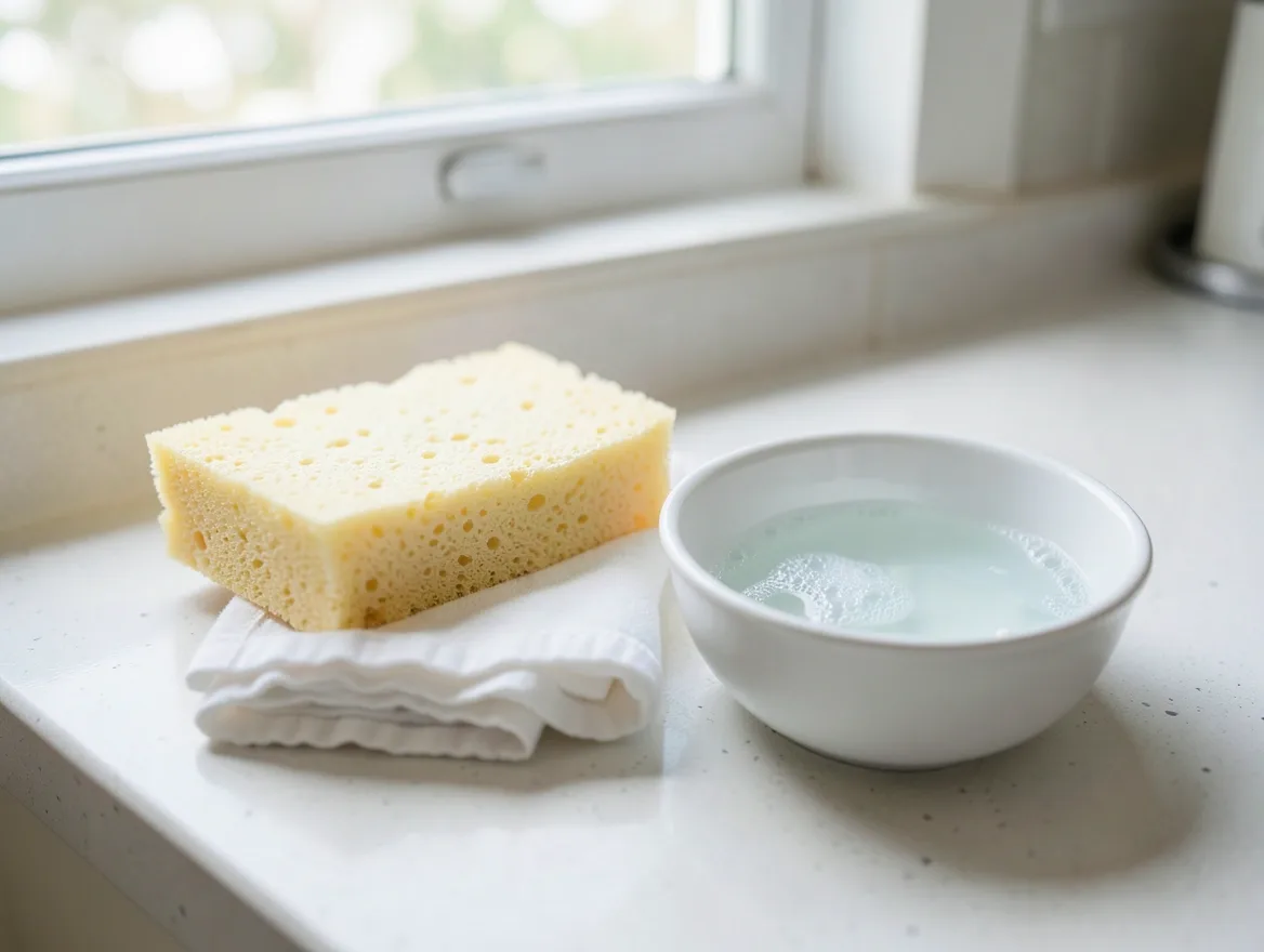 Soft sponge, folded cloth, and a bowl of mild soapy water ready for spot cleaning a car seat cover