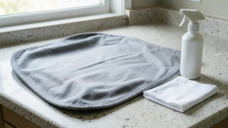 Gray fabric Graco car seat cover removed and laid on a laundry counter with a cloth and spray bottle