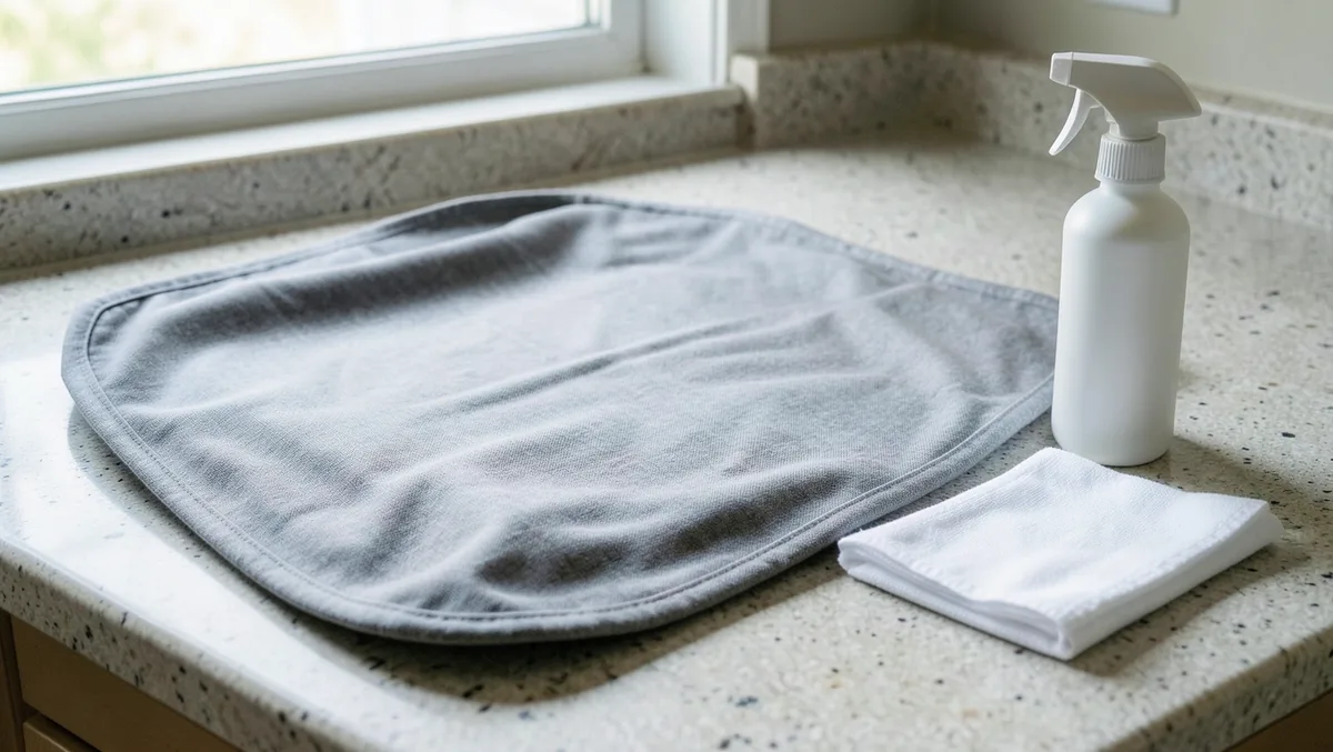 Gray fabric Graco car seat cover removed and laid on a laundry counter with a cloth and spray bottle