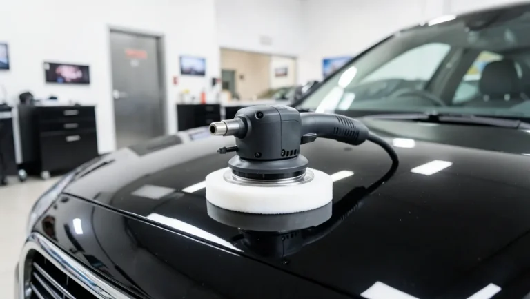 Dual action polisher resting on the glossy hood of a clean black car in a detailing shop, representing the equipment cost that factors into a detailing price