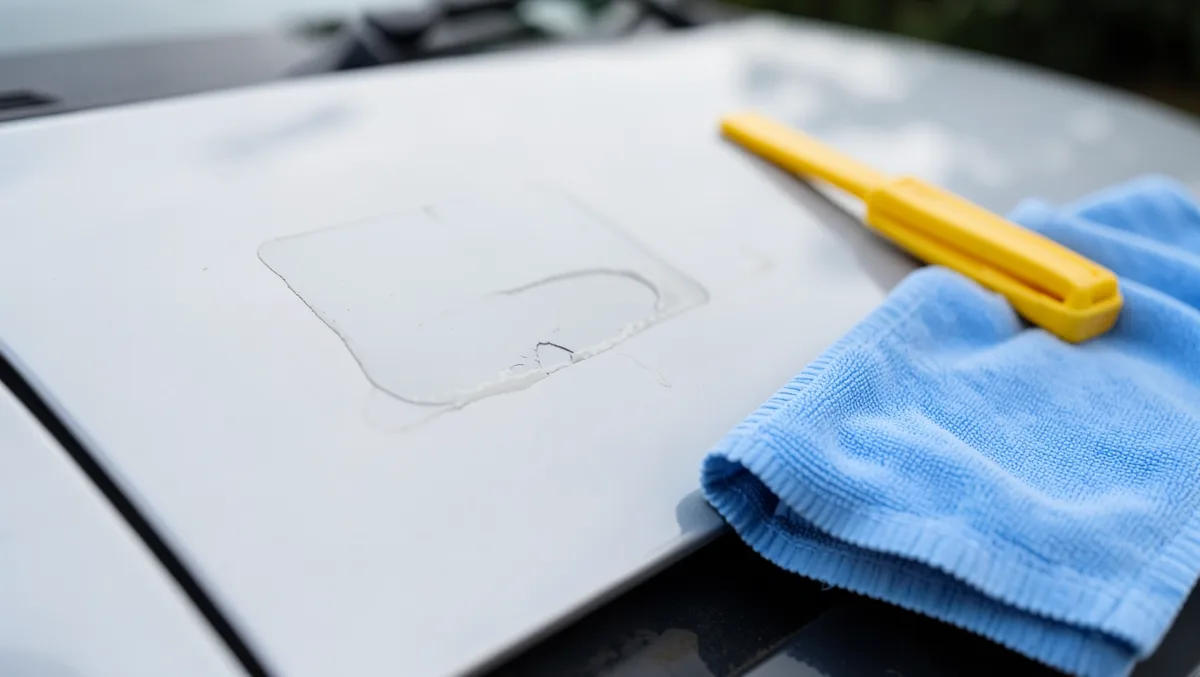 Plastic trim tool and microfiber cloth beside sticker adhesive residue on a car paint panel