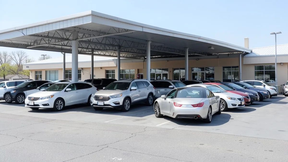 Rows of courtesy and loaner vehicles parked under a covered canopy at a car dealership service center