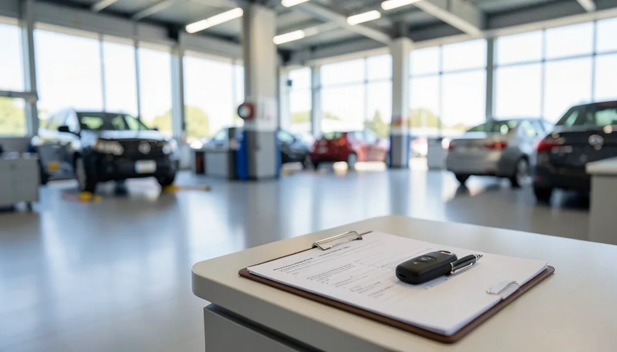A car key fob resting on a clipboard with service paperwork at a dealership counter