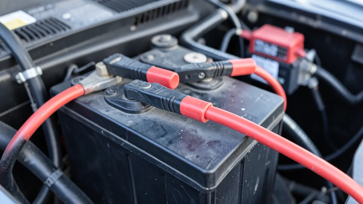 Heavy-gauge cables clamped directly to a car battery terminal for a hardwired inverter