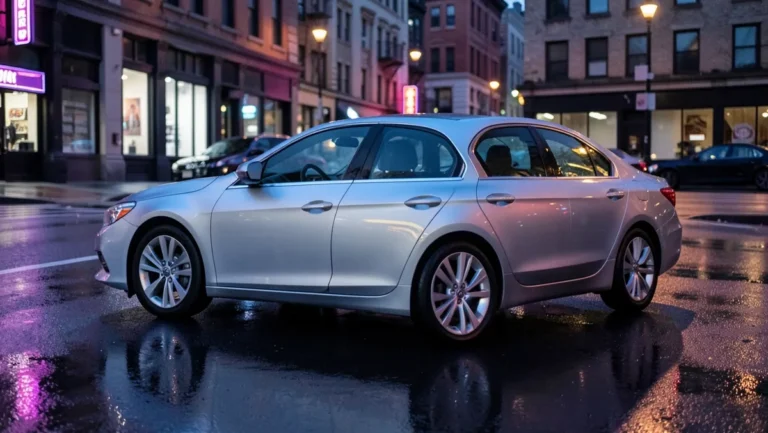 Silver sedan parked on a city street at dusk, representing a car rented for driving with Uber