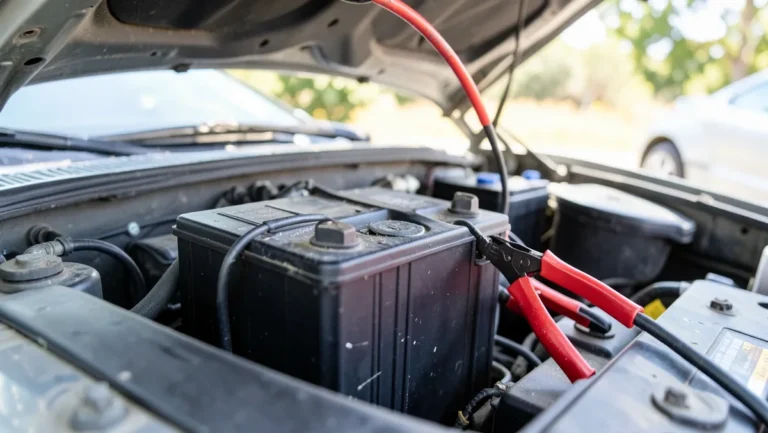 Red and black jumper cable clamps connected to a car battery under an open hood to jump-start a dead battery