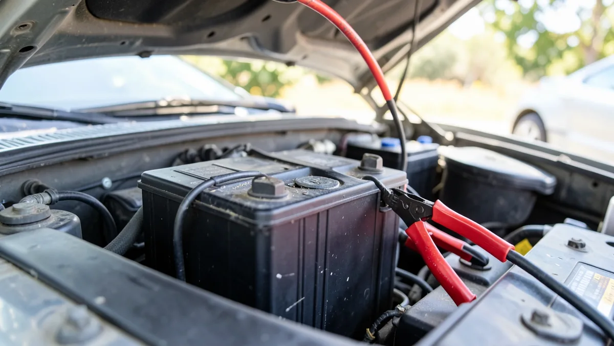 Red and black jumper cable clamps connected to a car battery under an open hood to jump-start a dead battery
