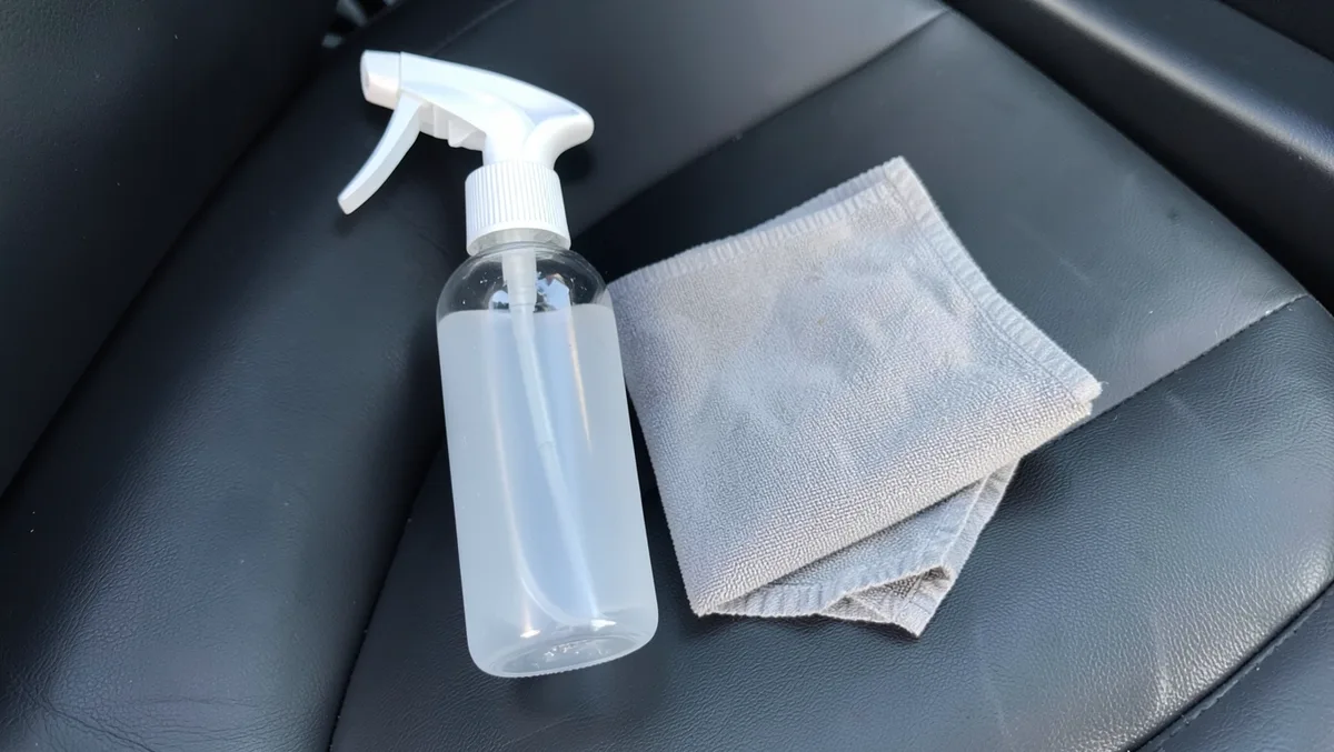 Spray bottle of leather cleaner and a microfiber cloth on a black leather car seat