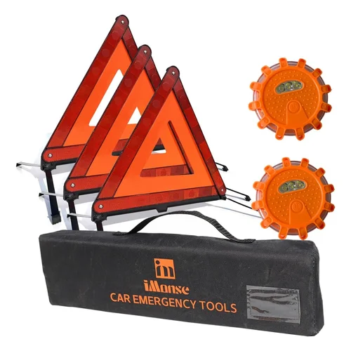 iMonse Emergency Roadside Reflective Triangles Warning Safety Kit for car | 3 triangles + 2 magnetic warning light, fold