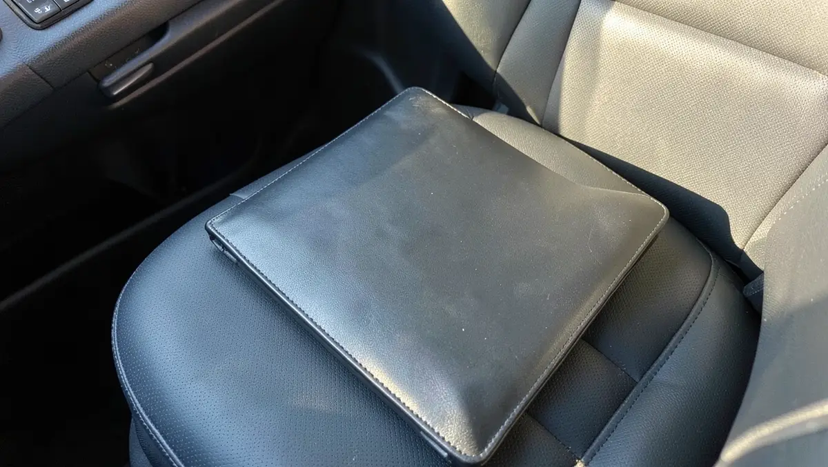 A closed document folder holding a license, insurance card, and paperwork on a car passenger seat