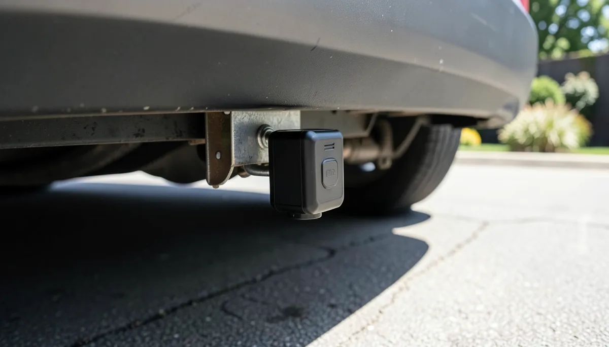Small black weatherproof magnetic GPS tracker attached to the metal frame under a car