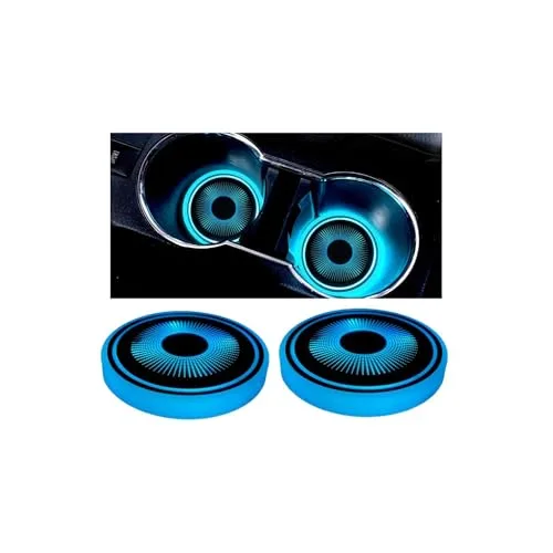 Mandark LED car cup holder lights glowing blue inside a car center console cup holders
