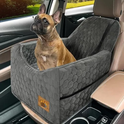 Memory foam dog booster car seat with a French bulldog sitting inside, secured to the back seat headrest