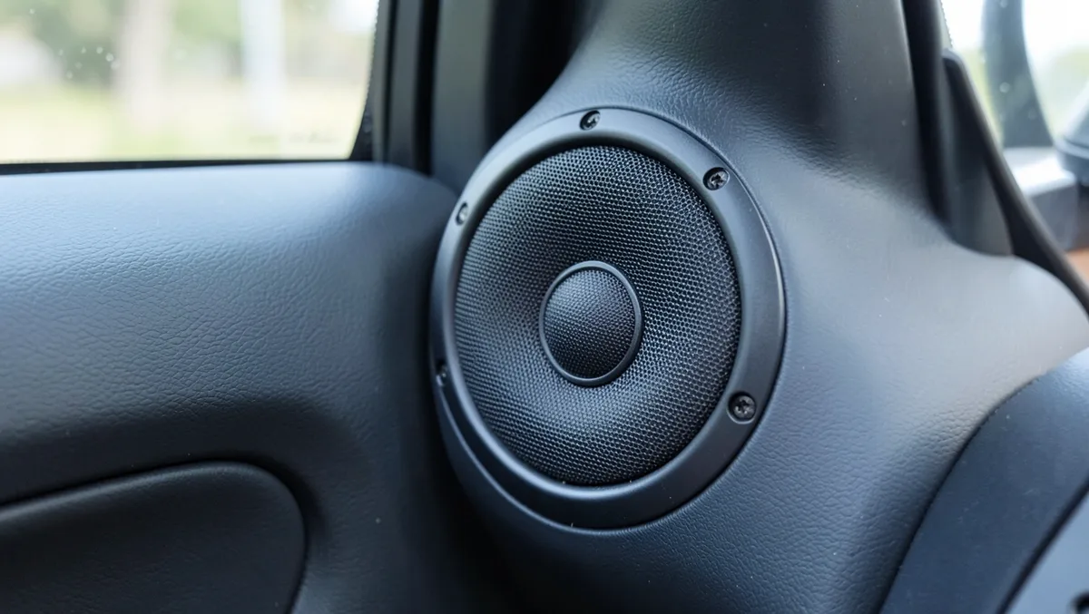 Car audio mid-range speaker mounted in a vehicle door panel