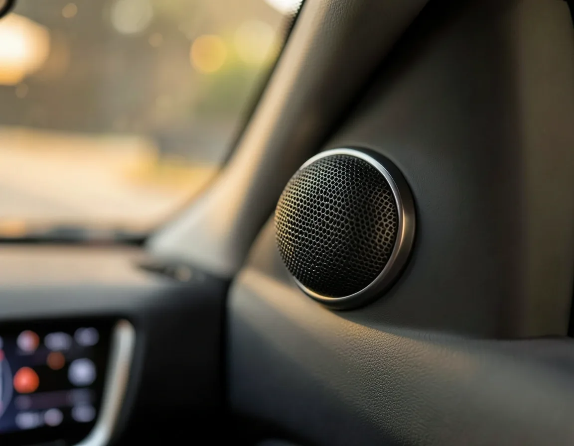 Small dome mid-range speaker mounted in a car A-pillar trim panel