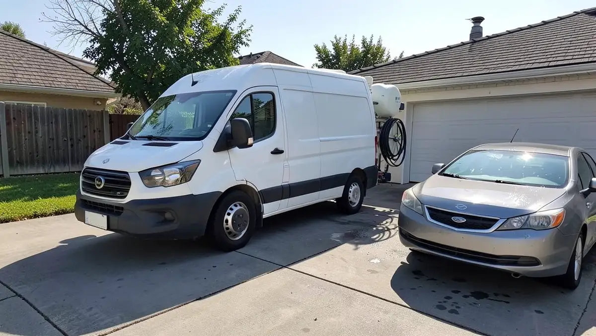 A mobile detailing van parked in a driveway next to a freshly cleaned car