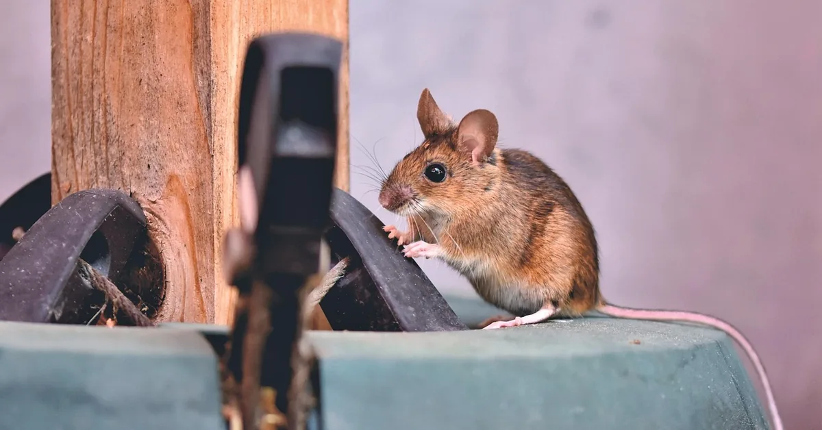Small brown mouse standing on the edge of a green container next to a wooden post