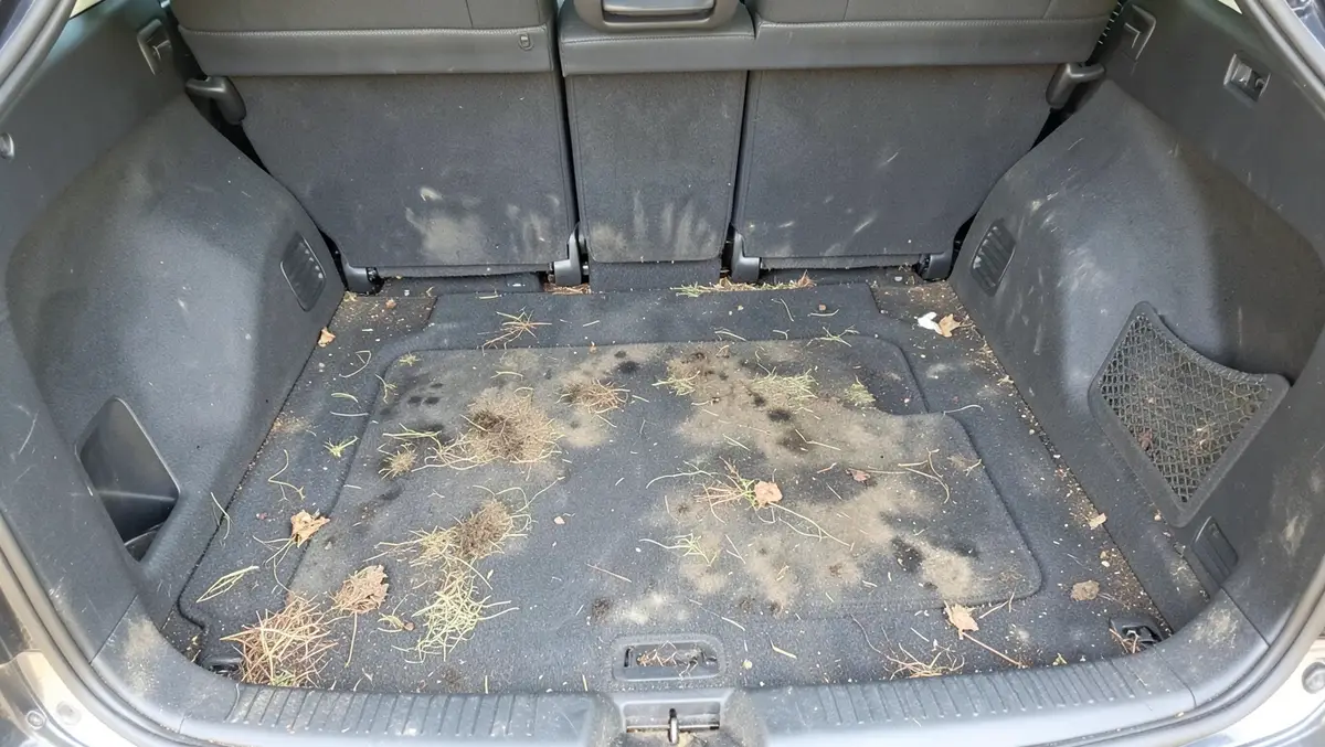 Muddy floor mats and grass clippings in the open trunk of an SUV, the kind of neglected condition that adds real time to a detailing job