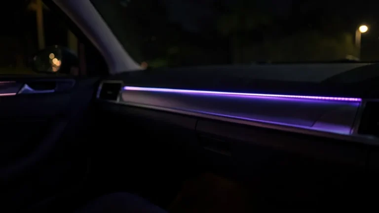 Purple LED ambient light strip glowing along a car dashboard trim at night