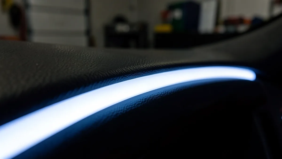 Macro close-up of a flexible LED neon strip glowing white and blue along a dashboard trim gap