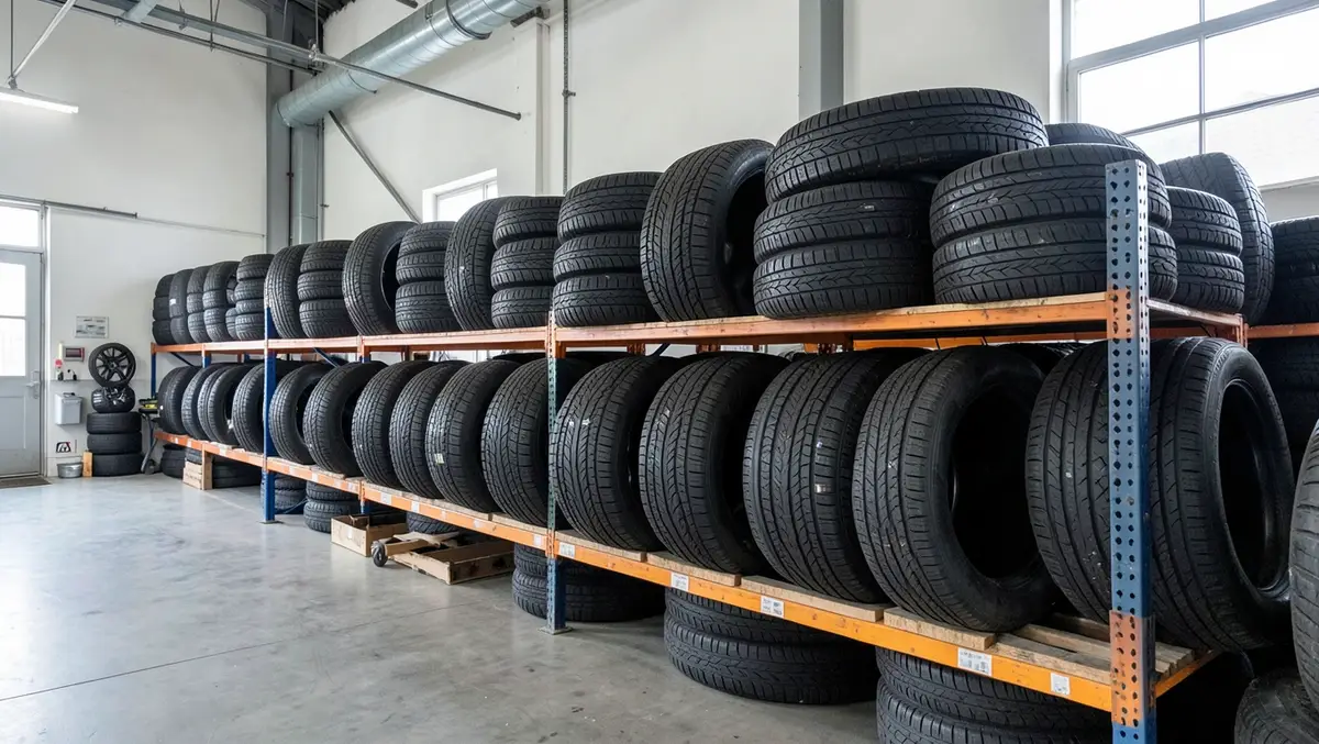 Rows of brand new car tires stacked on shelves in a tire shop