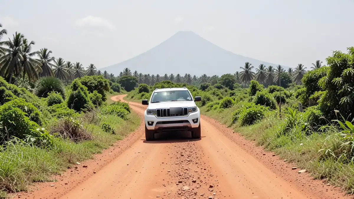 White 4x4 SUV driving on a reddish unpaved rural road in Nicaragua with a volcano in the distance