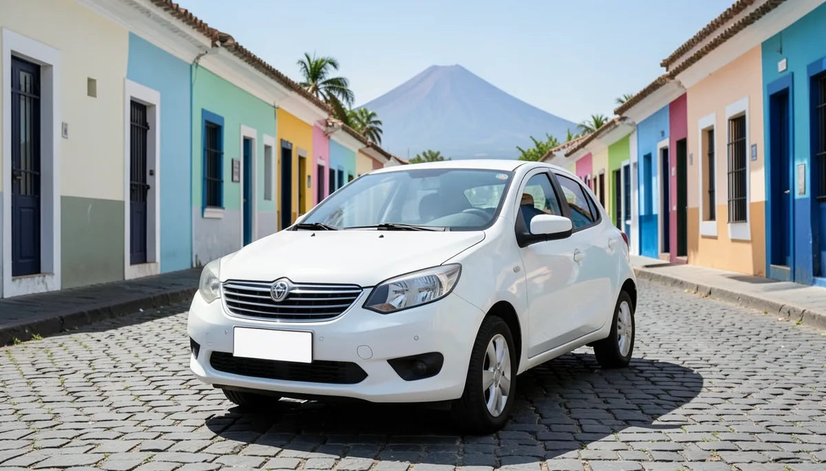 Small white rental car parked on a cobblestone street in a colorful Nicaraguan colonial town with a volcano in the background