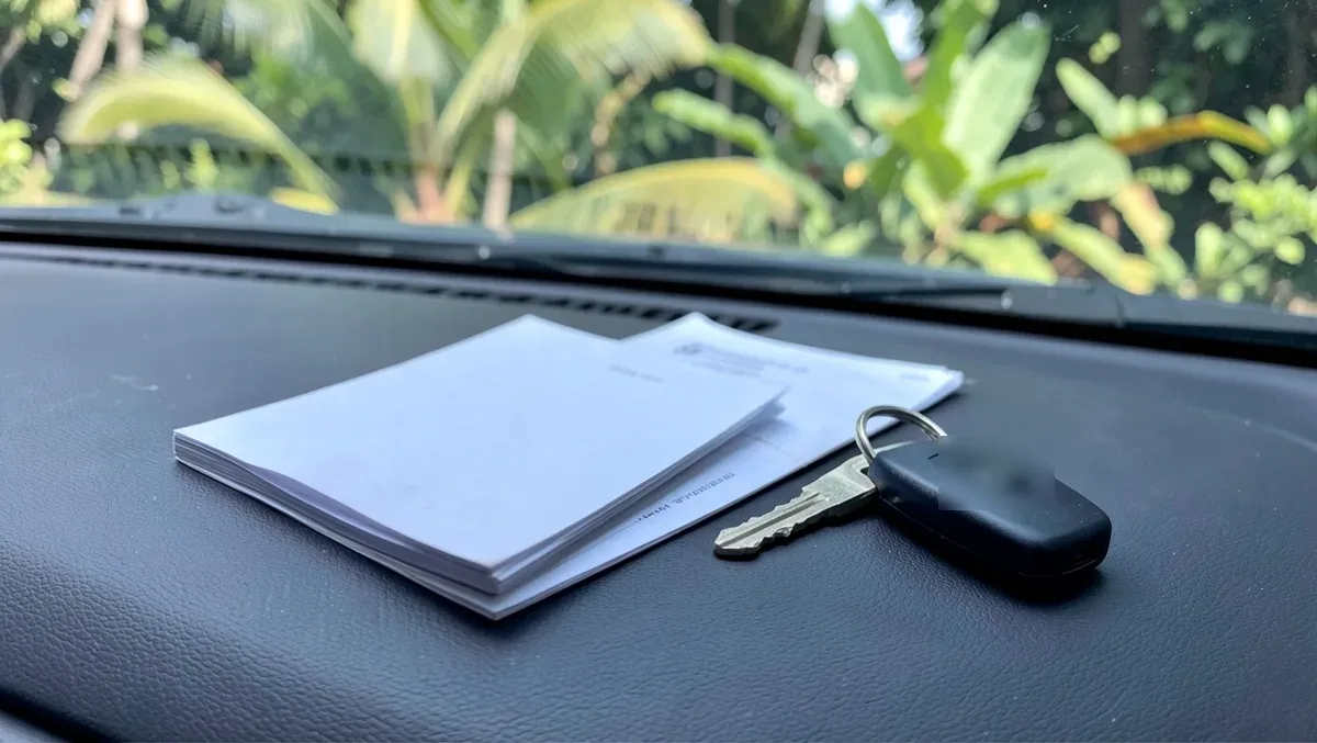 Passport, rental paperwork, and a car key resting on a car dashboard