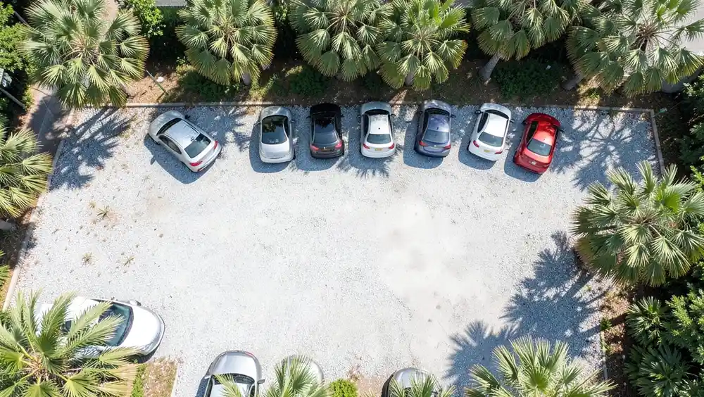 Aerial view of a rental car parking lot with several vehicles of different sizes surrounded by palm trees