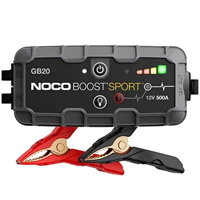NOCO Boost GB20 500A UltraSafe portable lithium jump starter with red and black clamps