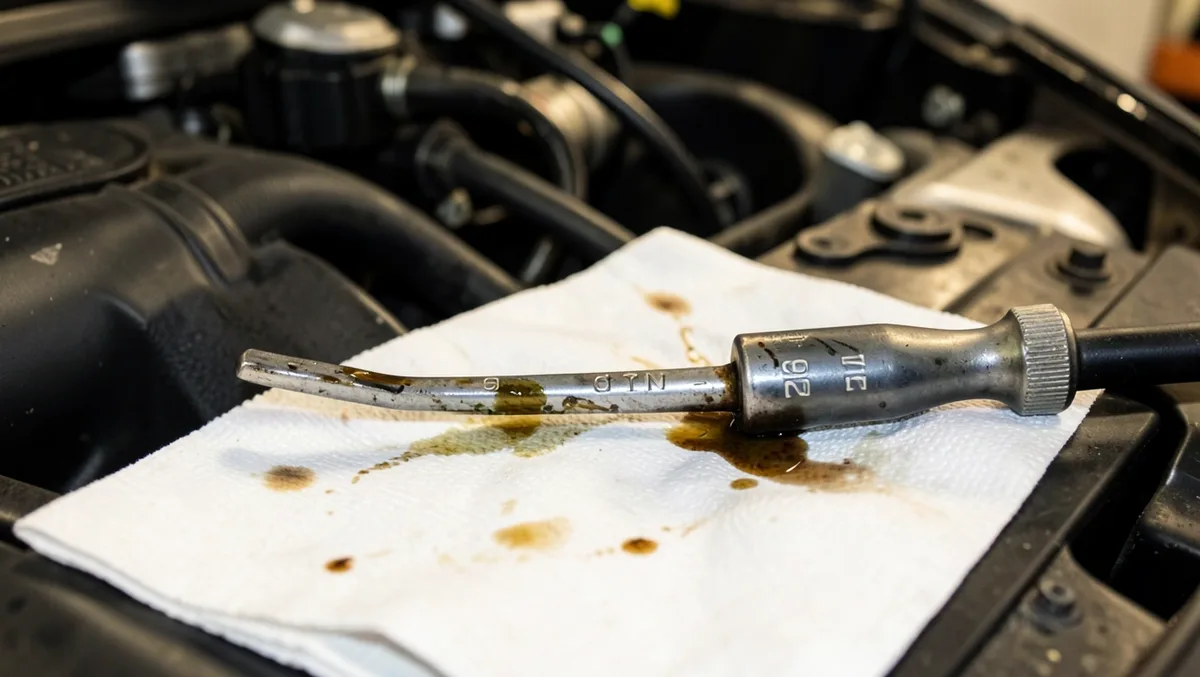 Oil-stained dipstick with a low reading resting on a shop rag beside an open engine bay