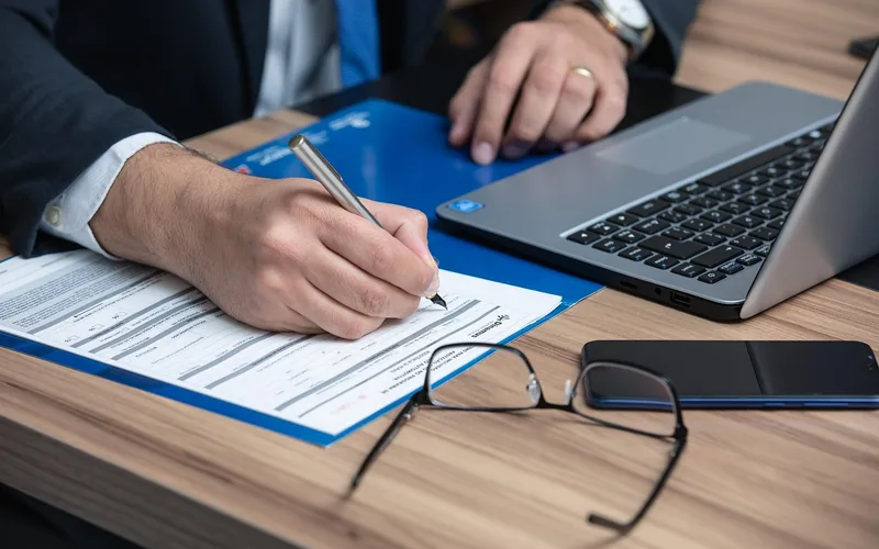 Person signing a form on a desk beside a laptop, glasses and a phone