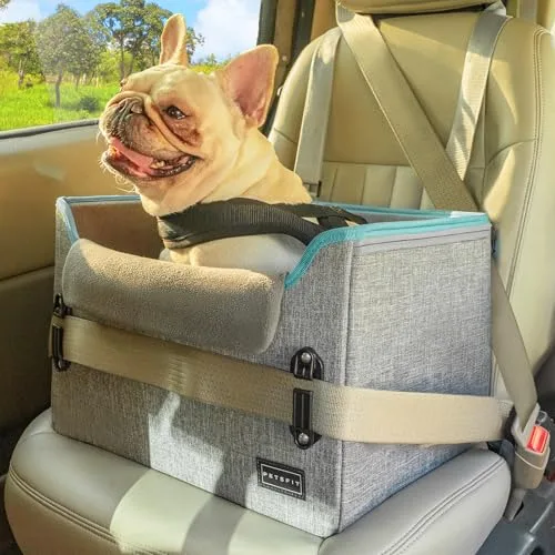 PETSFIT dog car booster seat with a French bulldog secured inside using the patented safety buckle and clip-on leash
